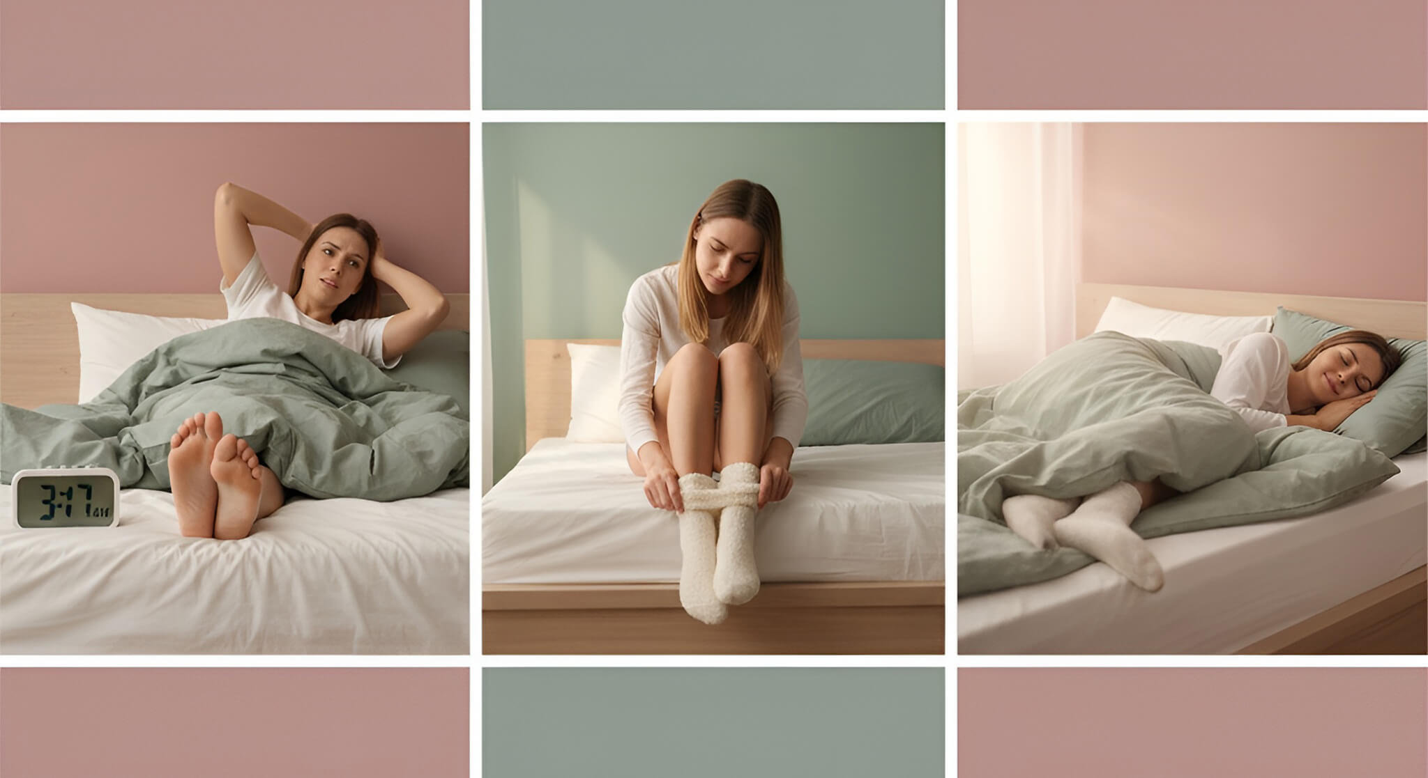 Visual comparison of sleep habits: A woman restless without socks in bed, then putting on socks, and finally sleeping peacefully, illustrating the impact of socks on sleep quality.