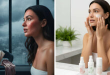 A gorgeous woman in an ultra-wide shot of a calm bathroom performs a 3-step emergency skincare prep to protect her skin from the effects of harsh weather.