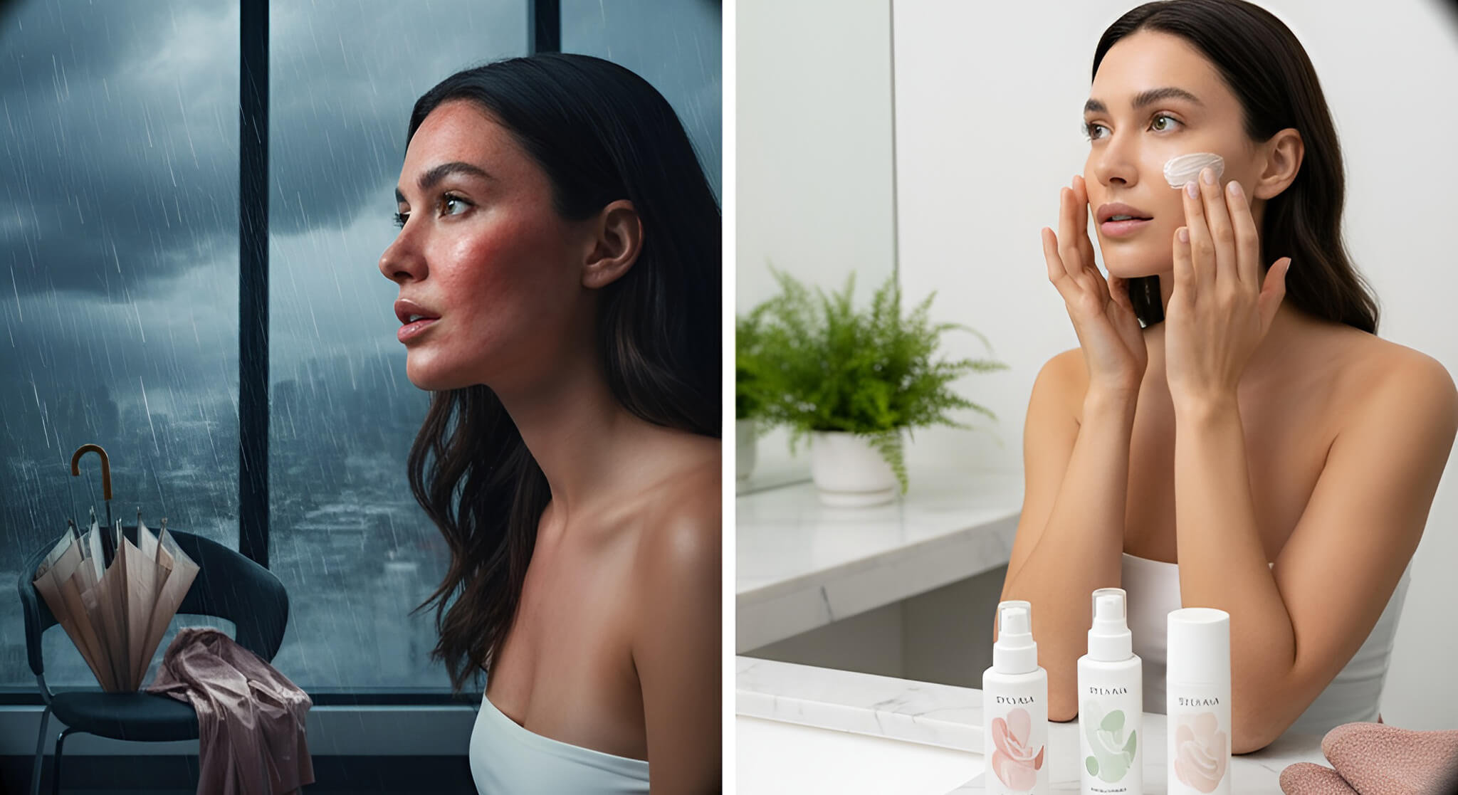 A gorgeous woman in an ultra-wide shot of a calm bathroom performs a 3-step emergency skincare prep to protect her skin from the effects of harsh weather.