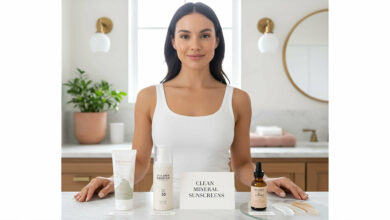 A gorgeous woman in a clean bathroom stands behind a display of three "clean beauty" mineral sunscreen brands, comparing their formulations.