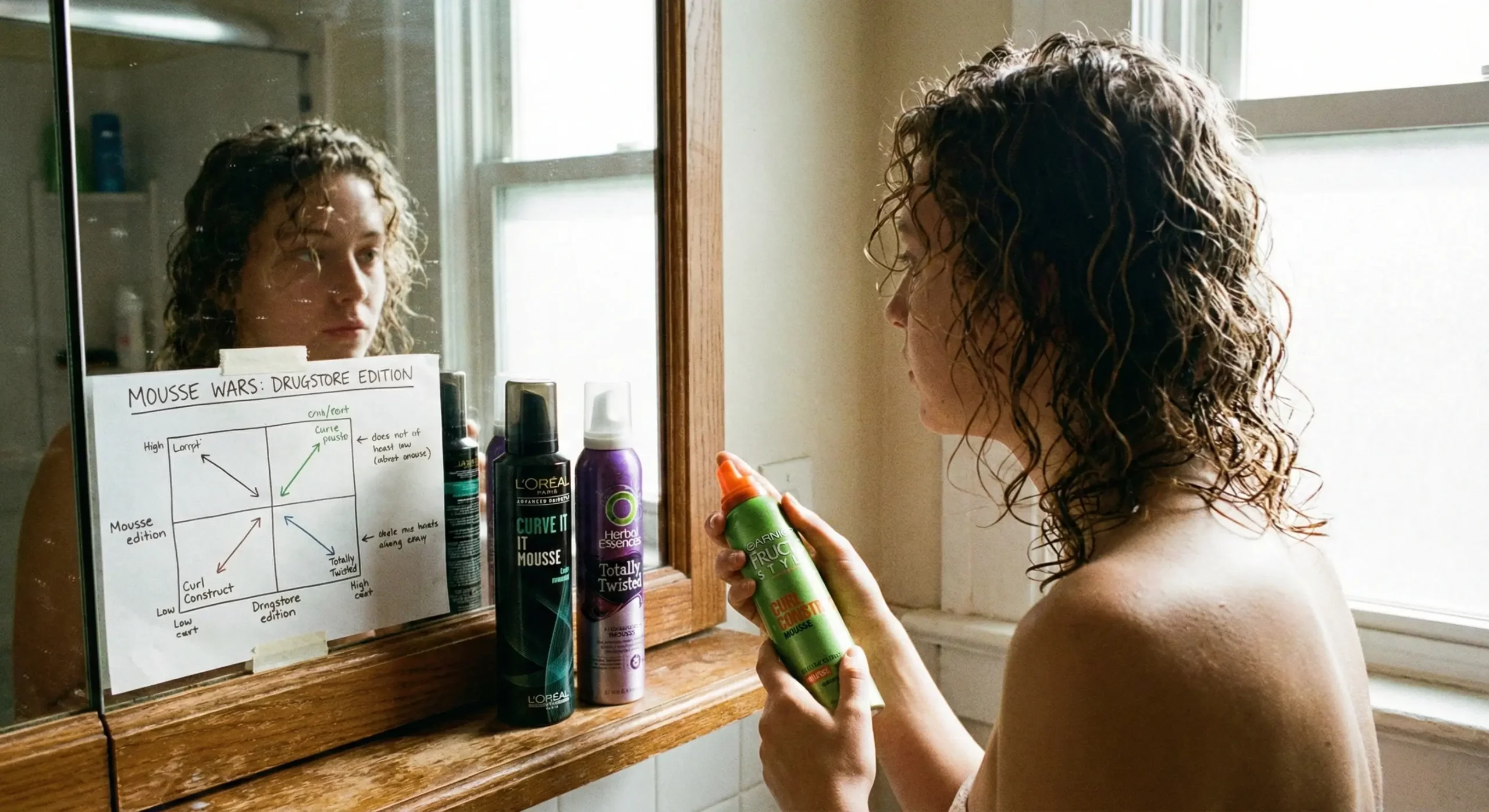 A candid photograph of a person with curly hair comparing drugstore hair mousses (Garnier Fructis, L'Oréal, Herbal Essences) in a bathroom. A handwritten chart titled "MOUSSE WARS: DRUGSTORE EDITION" ranking the brands is taped to the mirror.