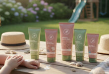A child's hands near a collection of colorful kids' sunscreens, packaged in dusty rose and sage green, on a wooden picnic table in a sunlit backyard with a playset, emphasizing sensitive skin protection.