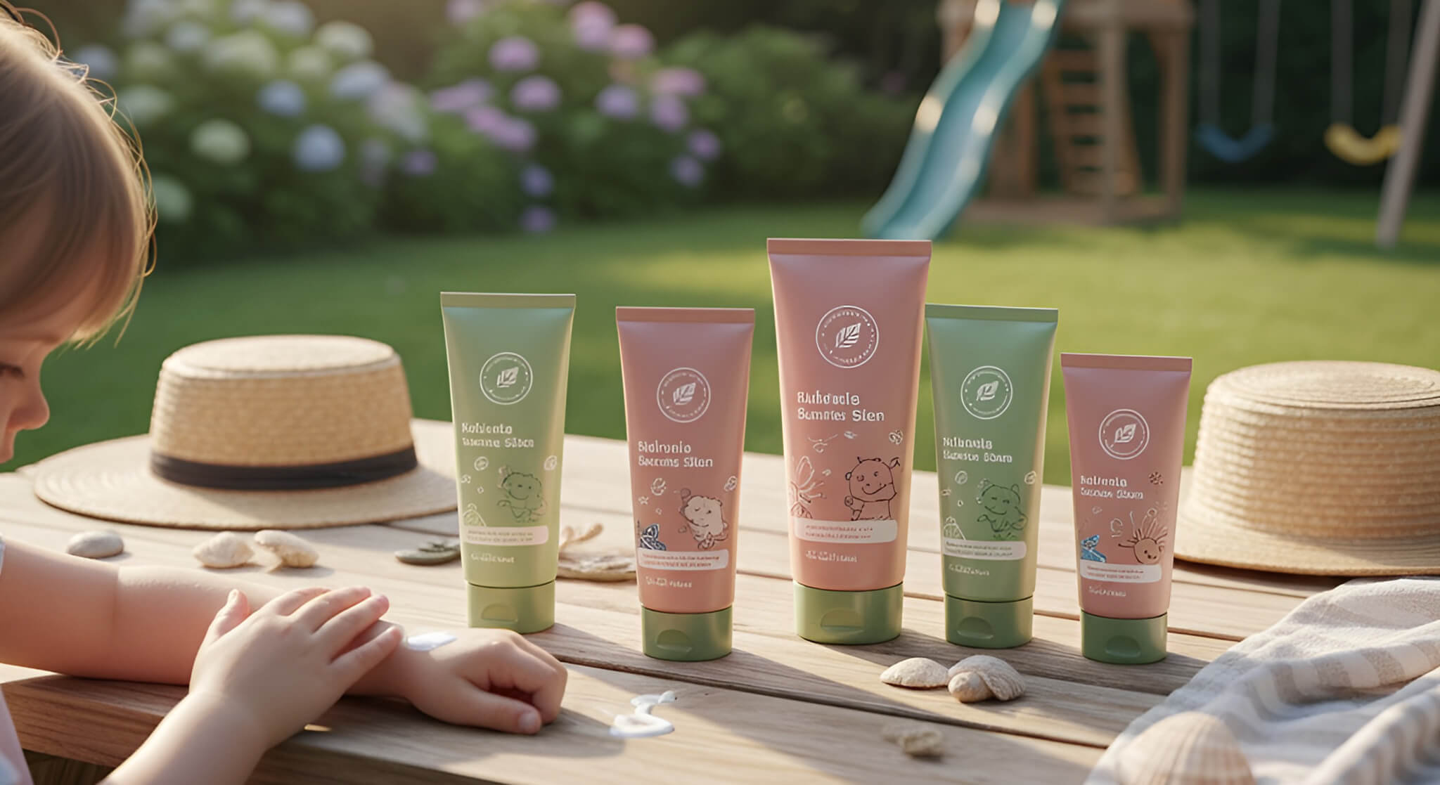 A child's hands near a collection of colorful kids' sunscreens, packaged in dusty rose and sage green, on a wooden picnic table in a sunlit backyard with a playset, emphasizing sensitive skin protection.