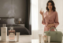 A split image comparing perfume buying options: a large bottle in a bedroom versus a small bottle with matching body lotion set, held by a gorgeous woman in a luxury setting.
