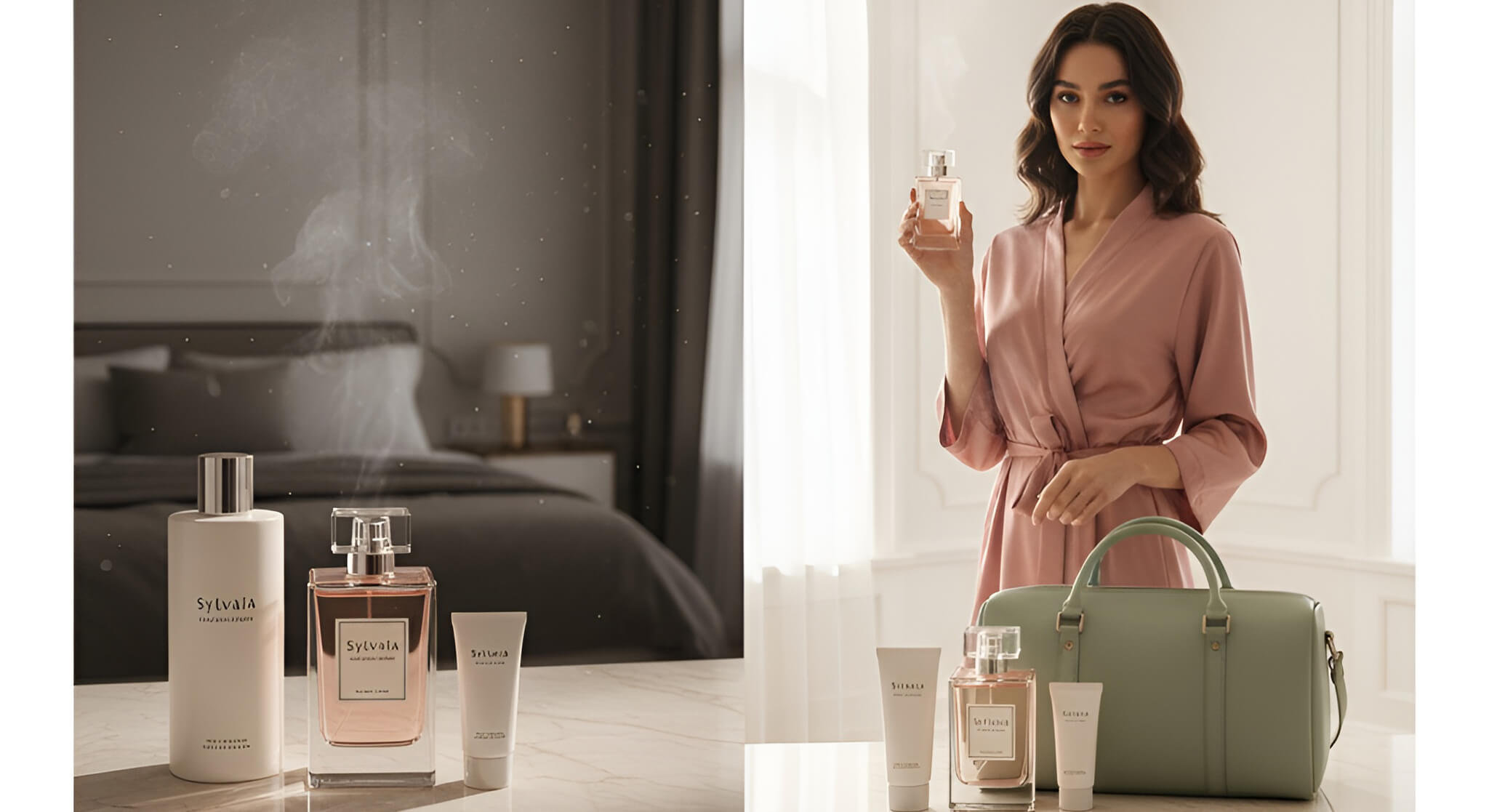 A split image comparing perfume buying options: a large bottle in a bedroom versus a small bottle with matching body lotion set, held by a gorgeous woman in a luxury setting.