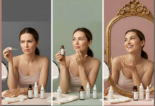 Visual review of anti-aging face oils: A woman initially confused by options, then thoughtfully applying an oil, and finally expressing joy at improved skin, highlighting the benefits of effective products.
