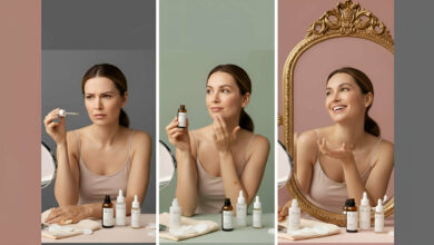 Visual review of anti-aging face oils: A woman initially confused by options, then thoughtfully applying an oil, and finally expressing joy at improved skin, highlighting the benefits of effective products.