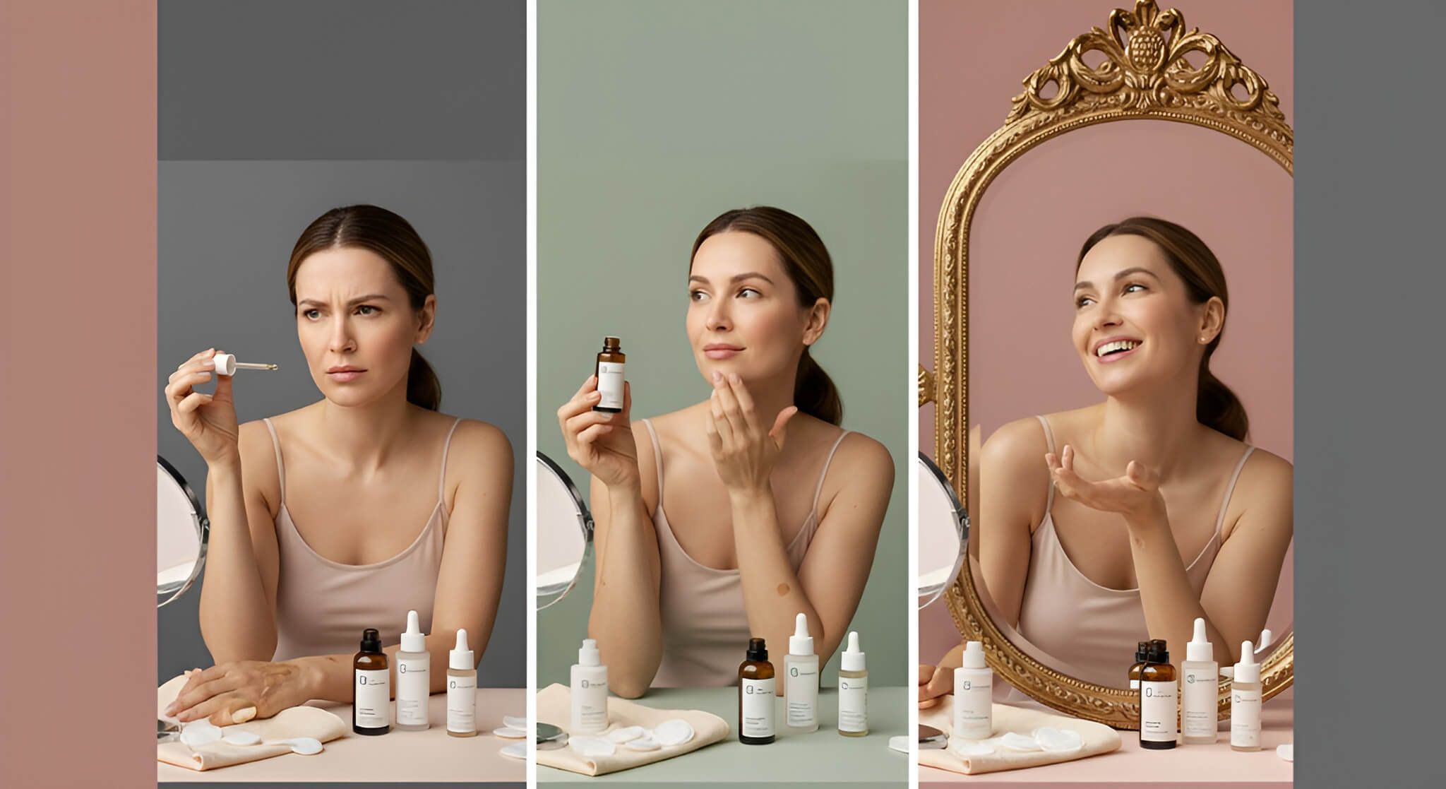 Visual review of anti-aging face oils: A woman initially confused by options, then thoughtfully applying an oil, and finally expressing joy at improved skin, highlighting the benefits of effective products.