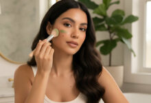 A gorgeous woman applies green color corrector to her face with a brush, surrounded by various color correcting palettes and a "BEST COLOR CORRECTING RANKED" sign, for an article on neutralizing redness and dark spots.