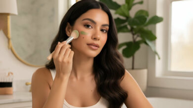 A gorgeous woman applies green color corrector to her face with a brush, surrounded by various color correcting palettes and a "BEST COLOR CORRECTING RANKED" sign, for an article on neutralizing redness and dark spots.