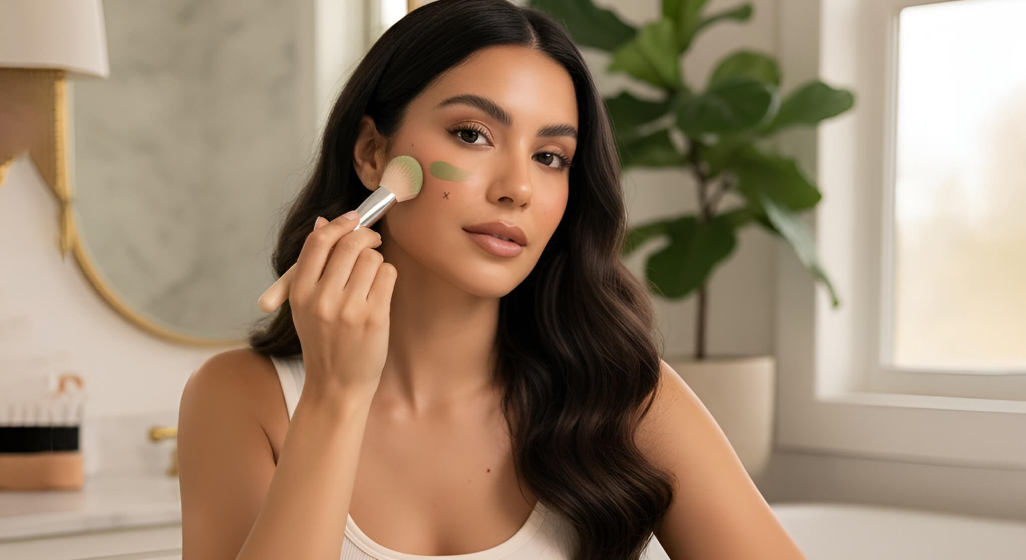 A gorgeous woman applies green color corrector to her face with a brush, surrounded by various color correcting palettes and a "BEST COLOR CORRECTING RANKED" sign, for an article on neutralizing redness and dark spots.