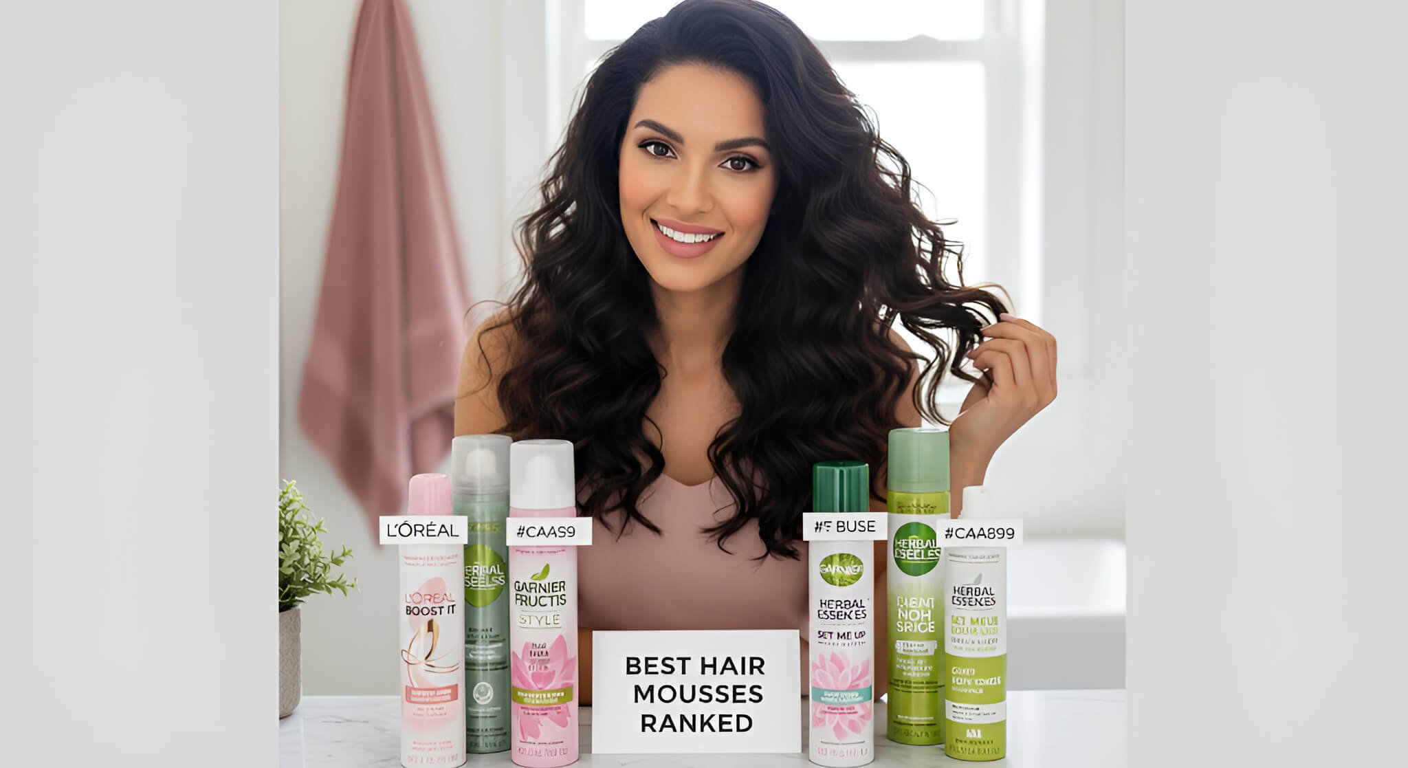 Ranking the best drugstore hair mousses: L'Oréal, Garnier, and Herbal Essences cans displayed on a stylish vanity, with a gorgeous woman showing off her voluminous hair.