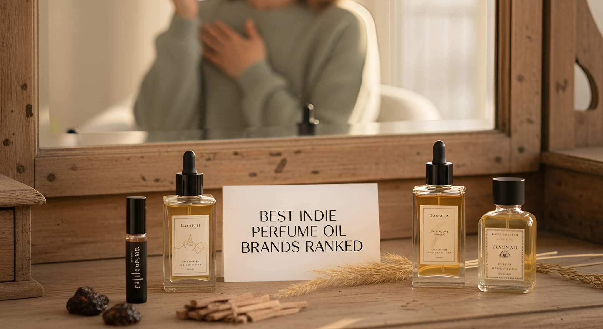A reflection of a gorgeous woman applying perfume oil in a mirror, surrounded by various indie perfume oil brands and a "BEST INDIE PERFUME OIL BRANDS RANKED" sign, highlighting longevity.