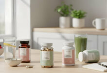 A selection of women's multivitamins in dusty rose and sage green packaging, displayed on a kitchen table with a glass of water, a green smoothie, and berries, symbolizing energy and wellness.