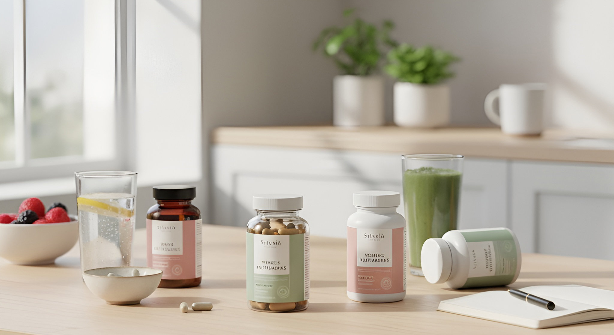 A selection of women's multivitamins in dusty rose and sage green packaging, displayed on a kitchen table with a glass of water, a green smoothie, and berries, symbolizing energy and wellness.