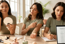 Three women in a bright, modern Sylvaia beauty studio meticulously testing full-coverage foundation. One woman applies foundation with a brush, another examines swatches on her forearm, and the third analyzes data on a laptop.
