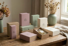 an artfully arranged collection of indie perfume boxes in dusty rose, sage green, and cream tones on a sunlit rustic wooden table decorated with dried flowers