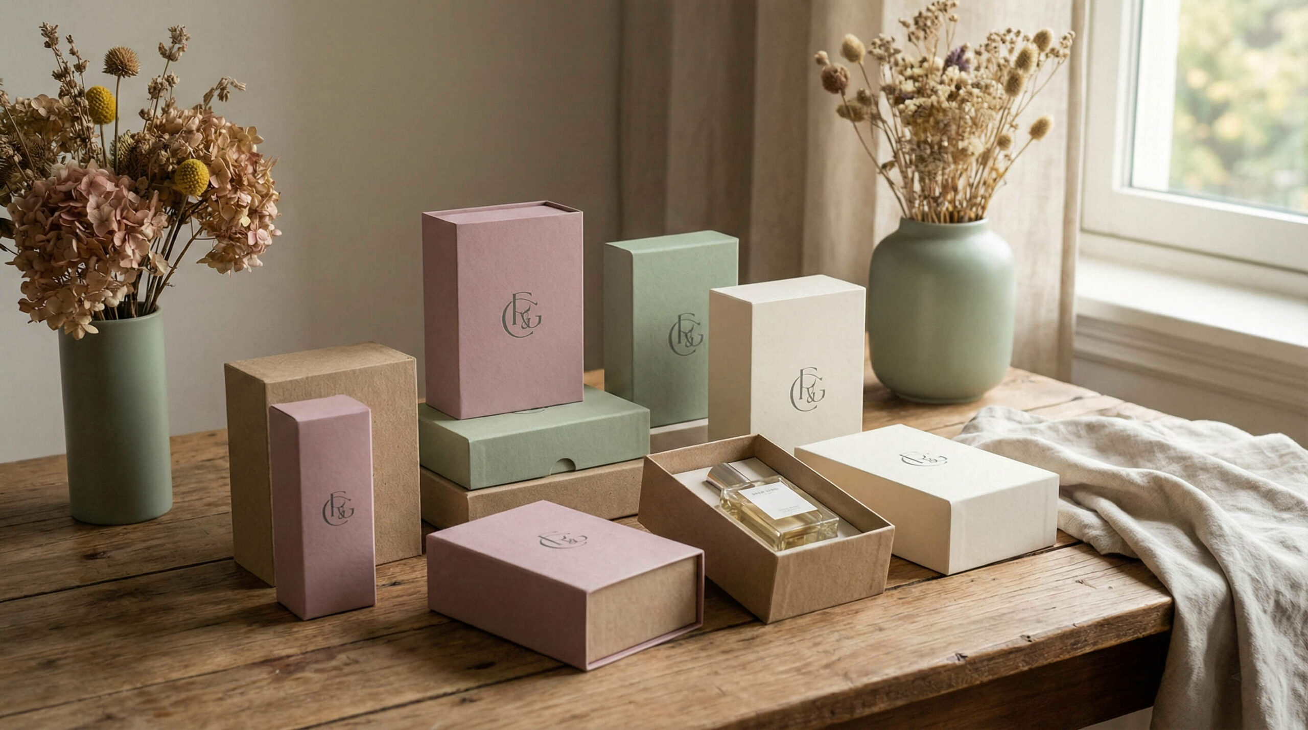 an artfully arranged collection of indie perfume boxes in dusty rose, sage green, and cream tones on a sunlit rustic wooden table decorated with dried flowers