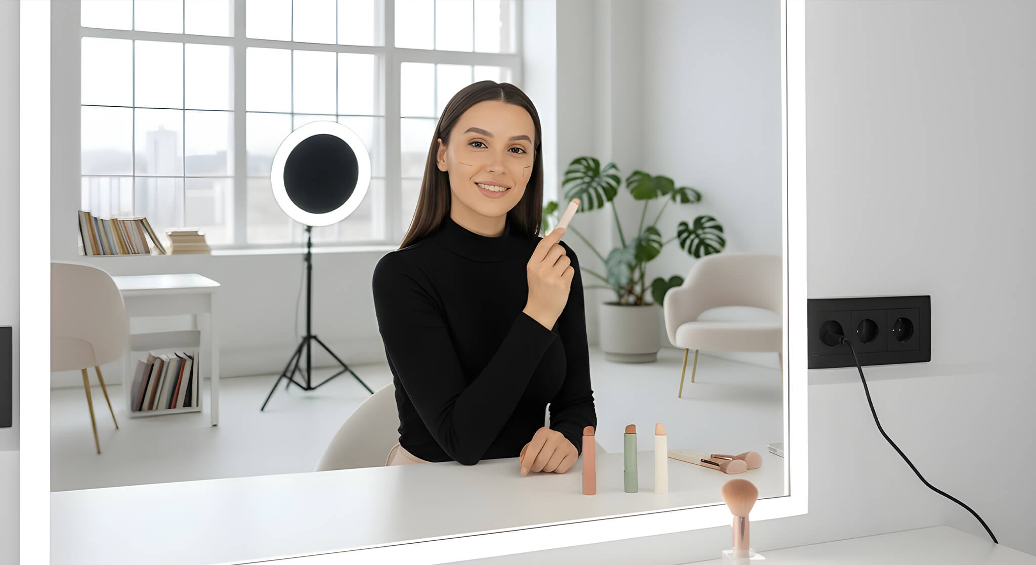 A confident woman applies contour makeup in a bright, modern room, as if filming a tutorial.