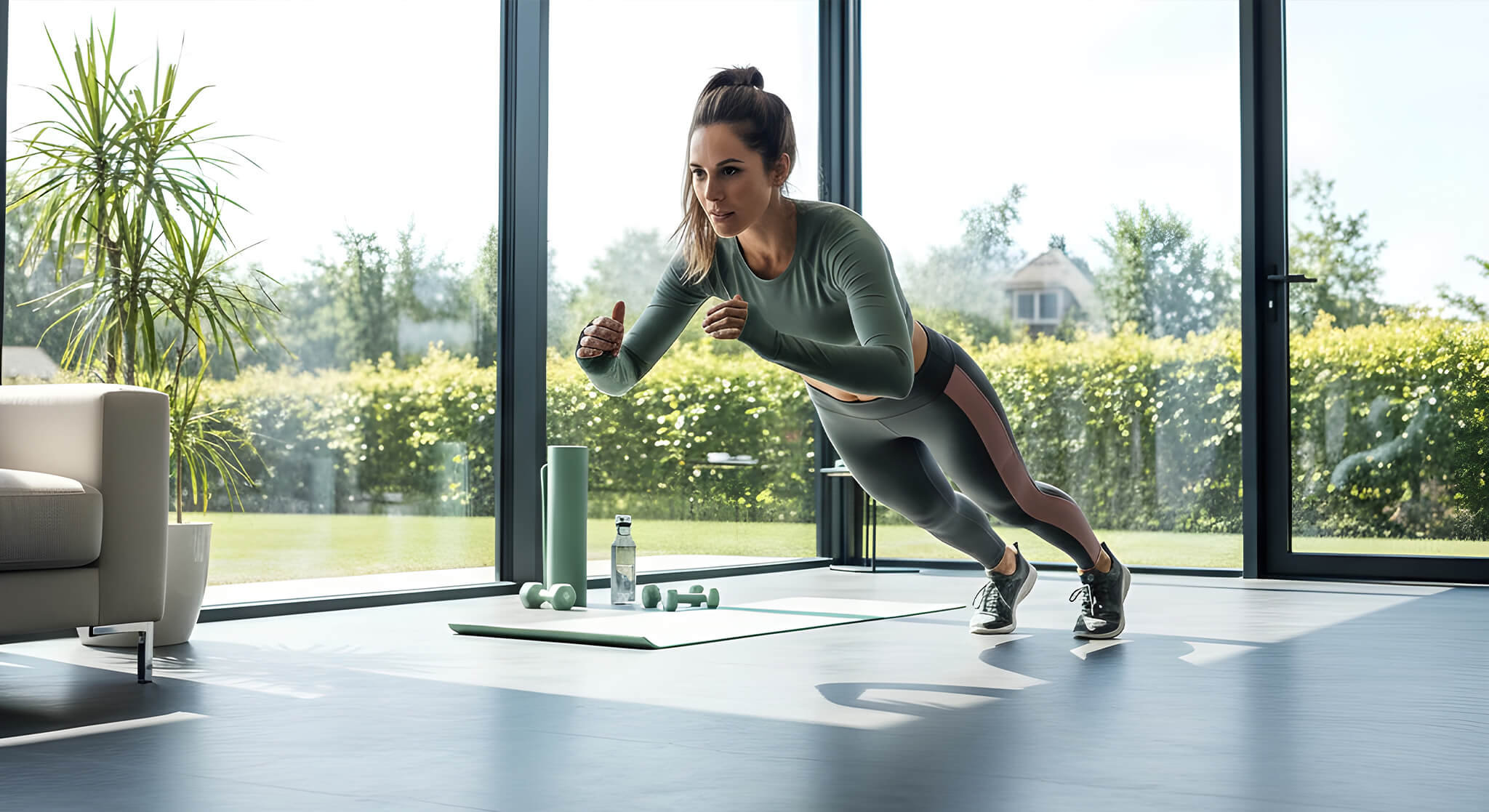 A dynamic woman performs a high-intensity exercise in a bright, modern home gym with expansive windows.