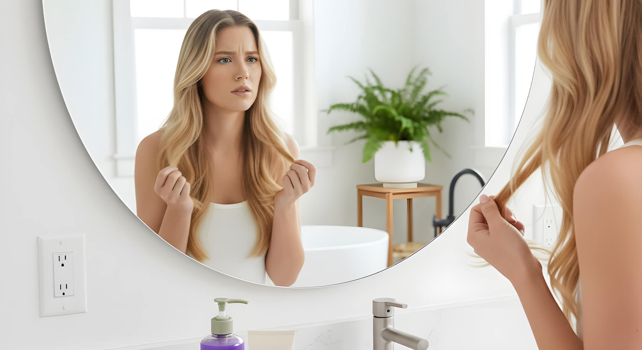 A frustrated woman examines her brassy, color-treated hair in a bright, modern bathroom mirror.