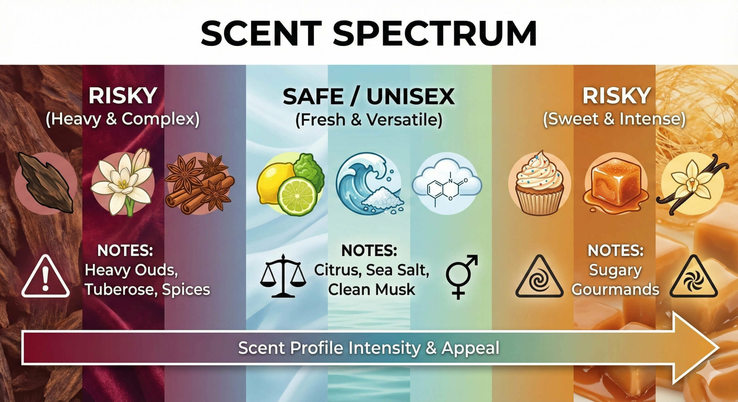 Scent Spectrum" graphic. On the far left (Risky), list notes like heavy Ouds, Tuberose, and Spices. In the middle (Safe/Unisex), list Citrus, Sea Salt, and Clean Musk. On the far right (Risky), list sugary Gourmands.