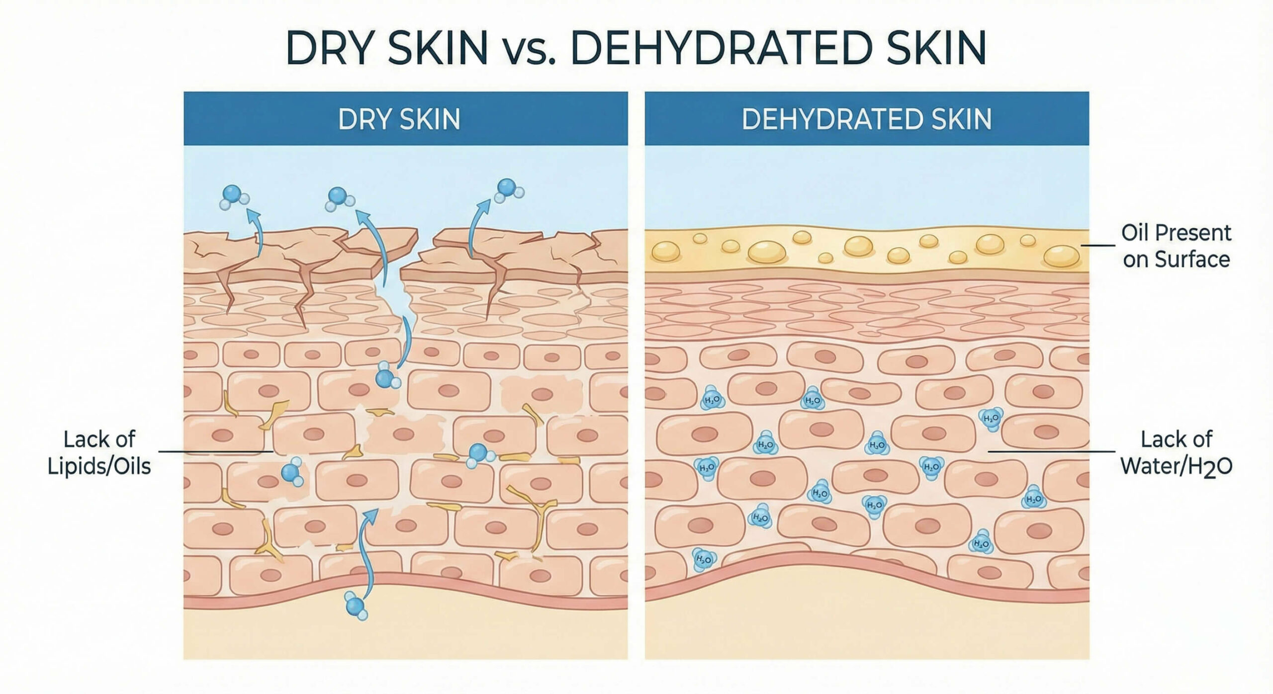 A diagram comparing Dry Skin vs. Dehydrated Skin