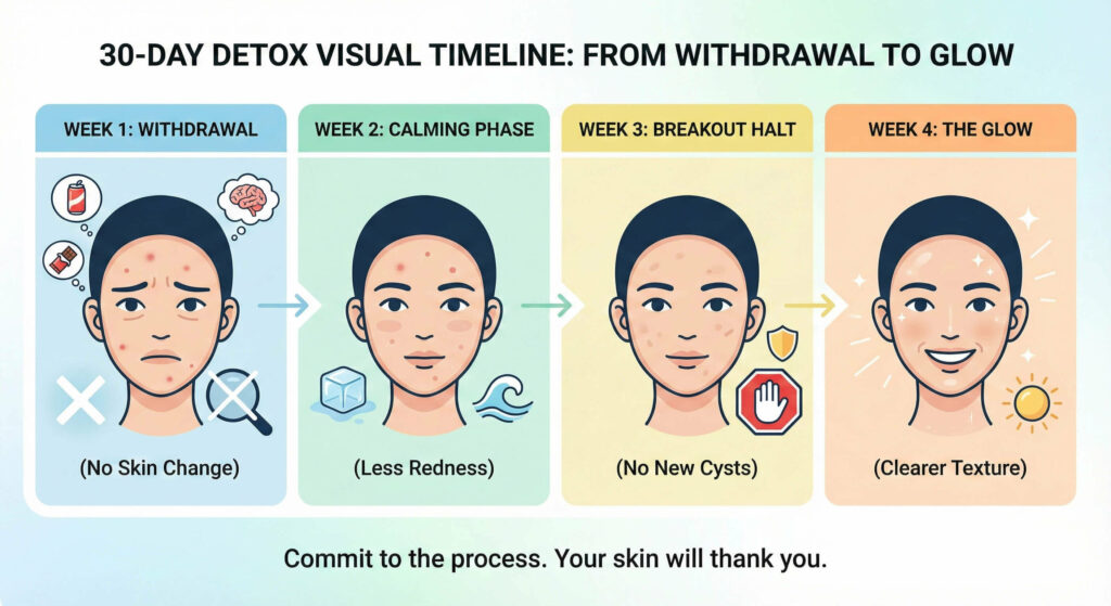 A simple 4-panel visual timeline of the 30-Day Detox