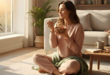 A relaxed woman enjoys a healthy snack in a cozy, sunlit room during golden hour.