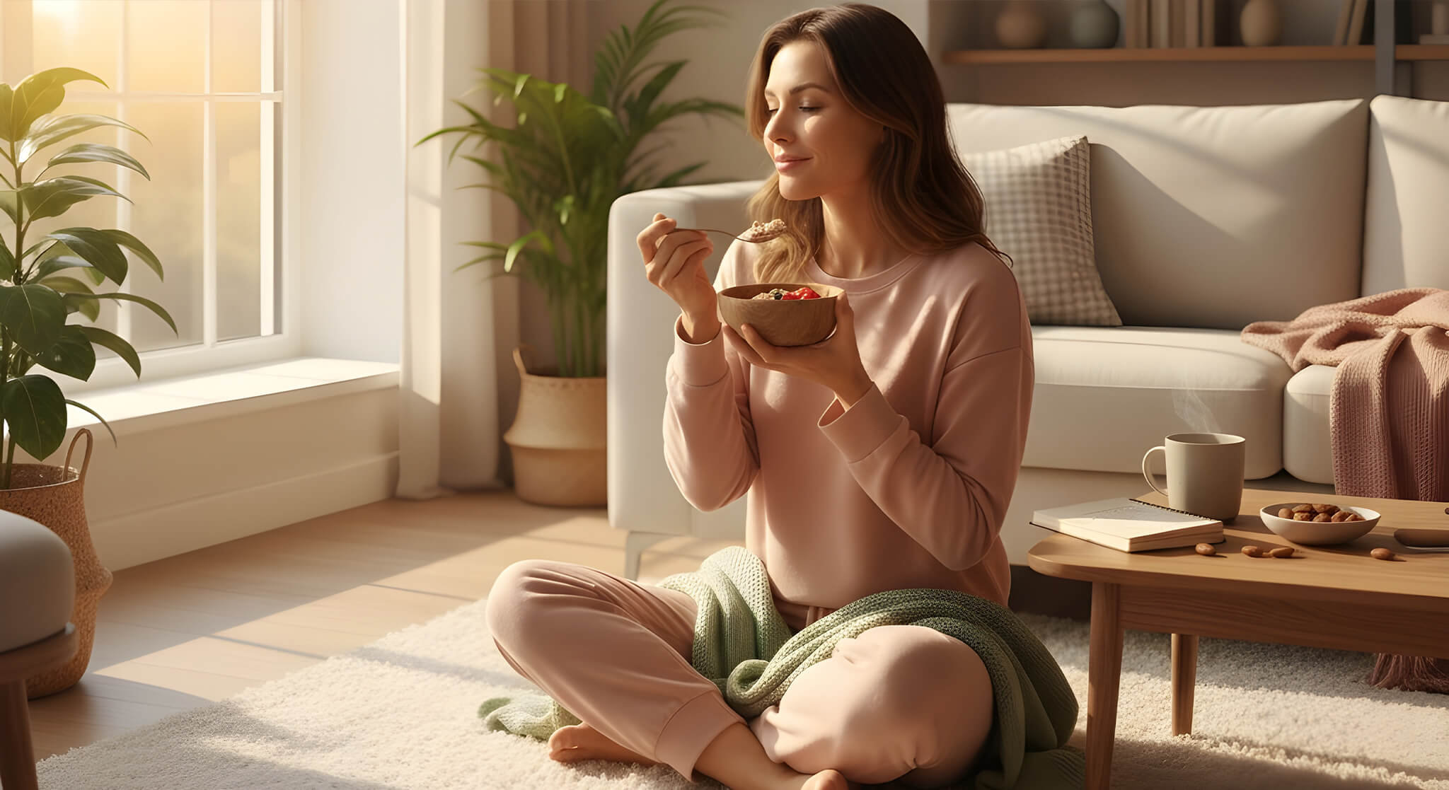 A relaxed woman enjoys a healthy snack in a cozy, sunlit room during golden hour.