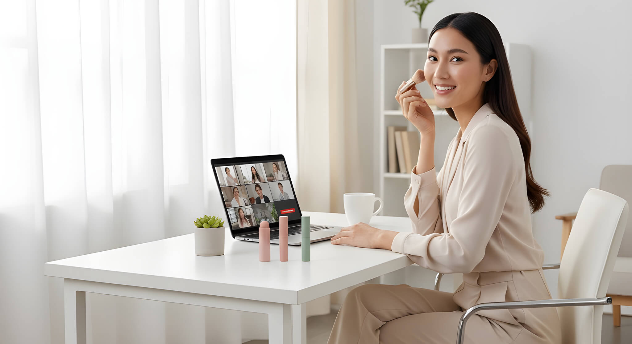 A confident woman at her modern home office desk applies quick makeup from a 5-minute kit before an online meeting.