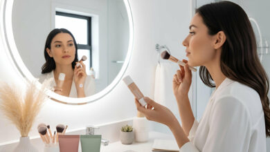 Woman in a bright, modern bathroom vanity area, looking into a round illuminated mirror while holding CC cream and a brush, contemplating her makeup choice. Two generic cosmetic bottles labeled "CC Cream" and "Foundation" are visible on the vanity.