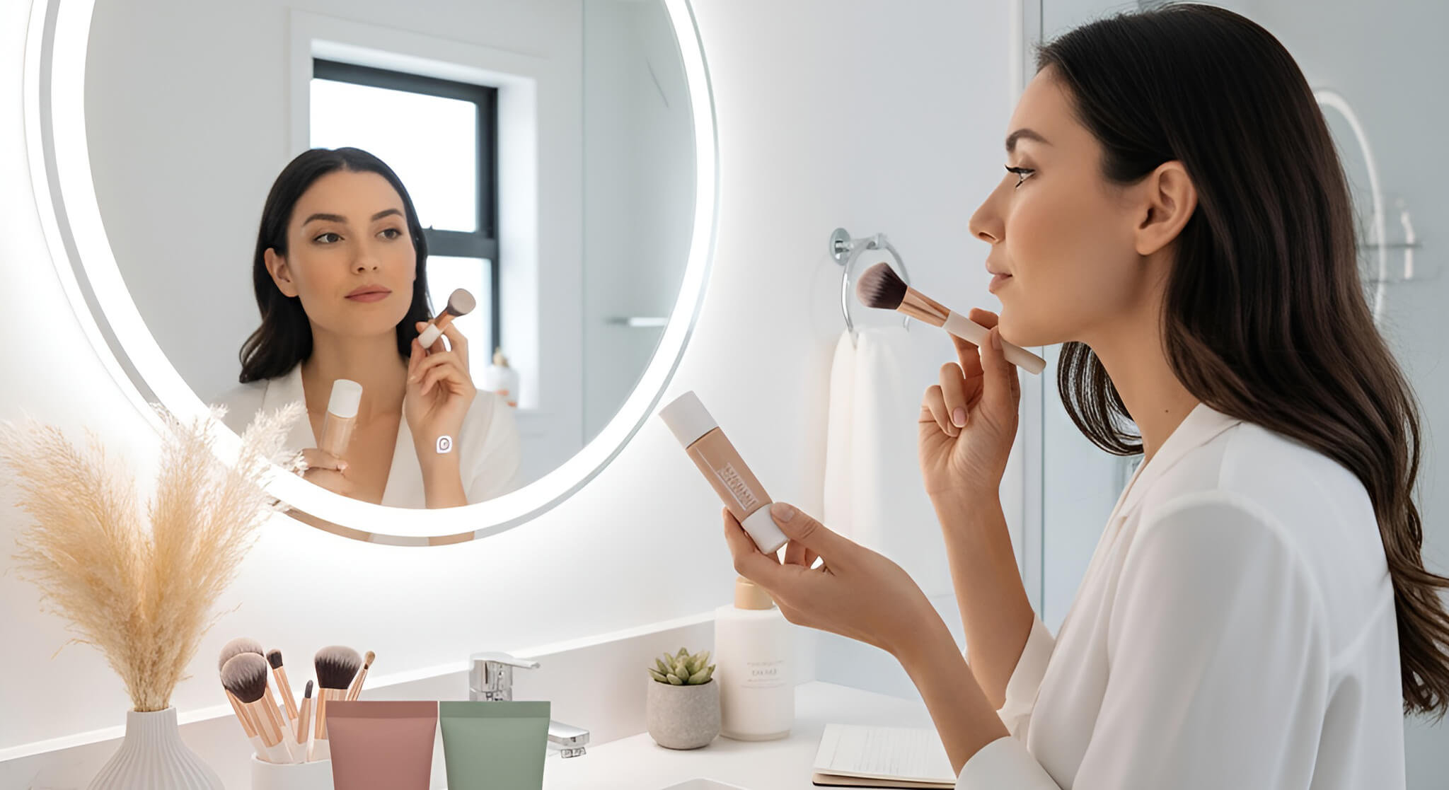 Woman in a bright, modern bathroom vanity area, looking into a round illuminated mirror while holding CC cream and a brush, contemplating her makeup choice. Two generic cosmetic bottles labeled "CC Cream" and "Foundation" are visible on the vanity.