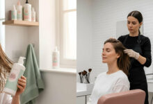 at-home vs. professional salon protein treatments for damaged hair. The left shows a woman applying an at-home protein treatment in a bright bathroom. The right shows the same woman receiving a professional salon-grade protein treatment from a stylist, highlighting the difference in application and setting for hair repair.