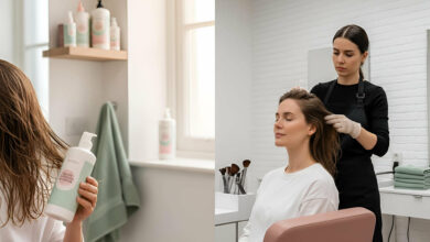 at-home vs. professional salon protein treatments for damaged hair. The left shows a woman applying an at-home protein treatment in a bright bathroom. The right shows the same woman receiving a professional salon-grade protein treatment from a stylist, highlighting the difference in application and setting for hair repair.