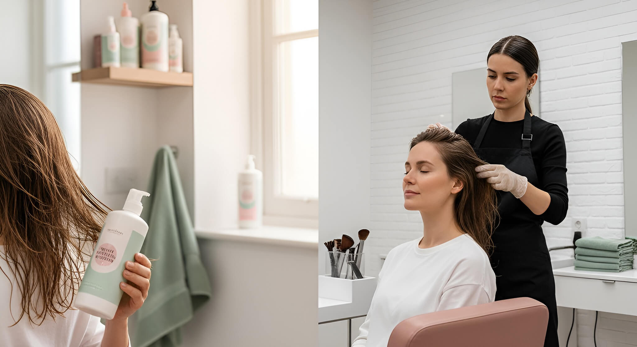 at-home vs. professional salon protein treatments for damaged hair. The left shows a woman applying an at-home protein treatment in a bright bathroom. The right shows the same woman receiving a professional salon-grade protein treatment from a stylist, highlighting the difference in application and setting for hair repair.