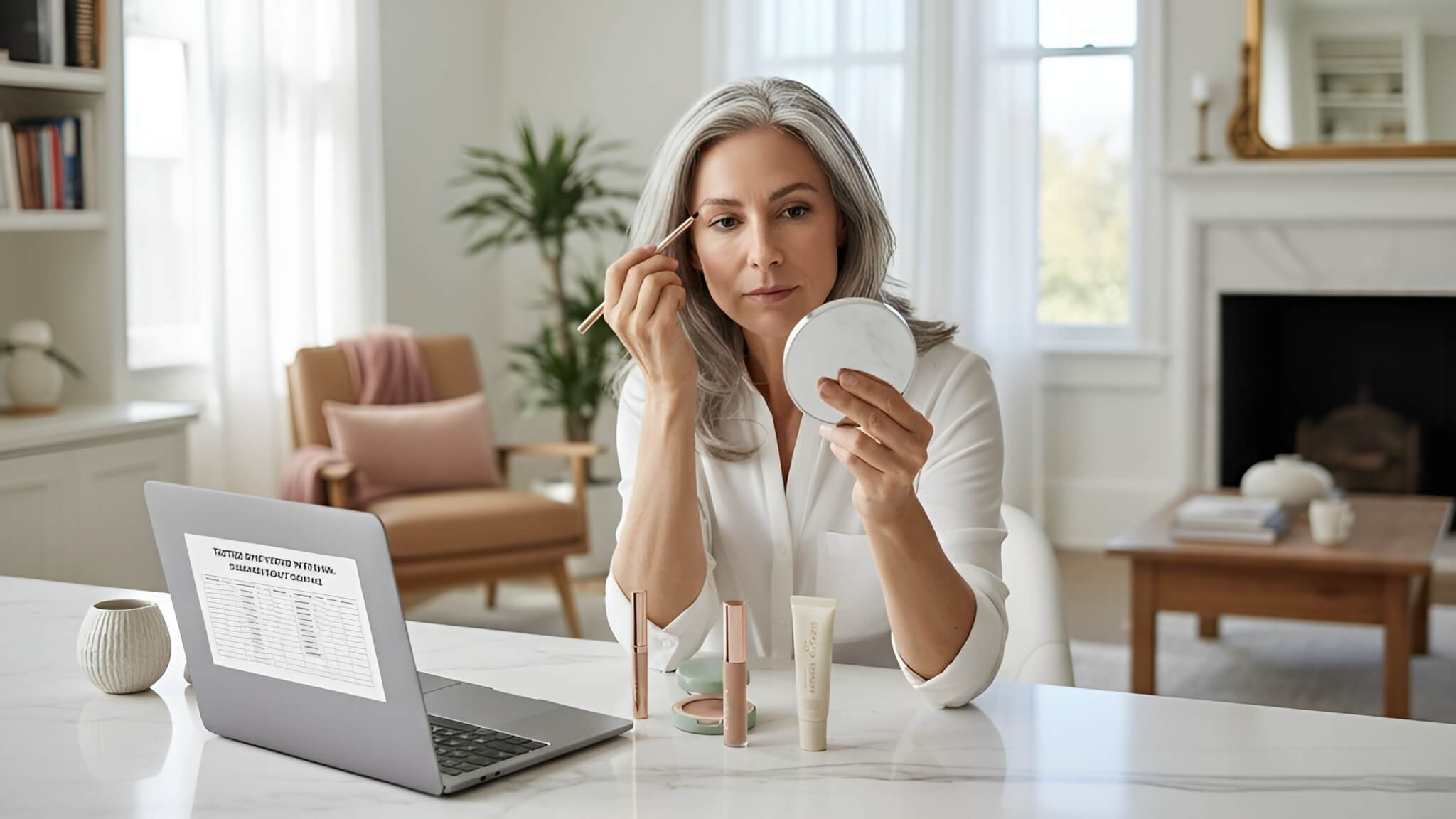 A mature woman precisely applies brow makeup at a well-lit vanity, surrounded by various brow products.