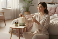 A serene woman adds essential oil to a modern humidifier in a bright, cozy room.