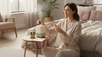 A serene woman adds essential oil to a modern humidifier in a bright, cozy room.