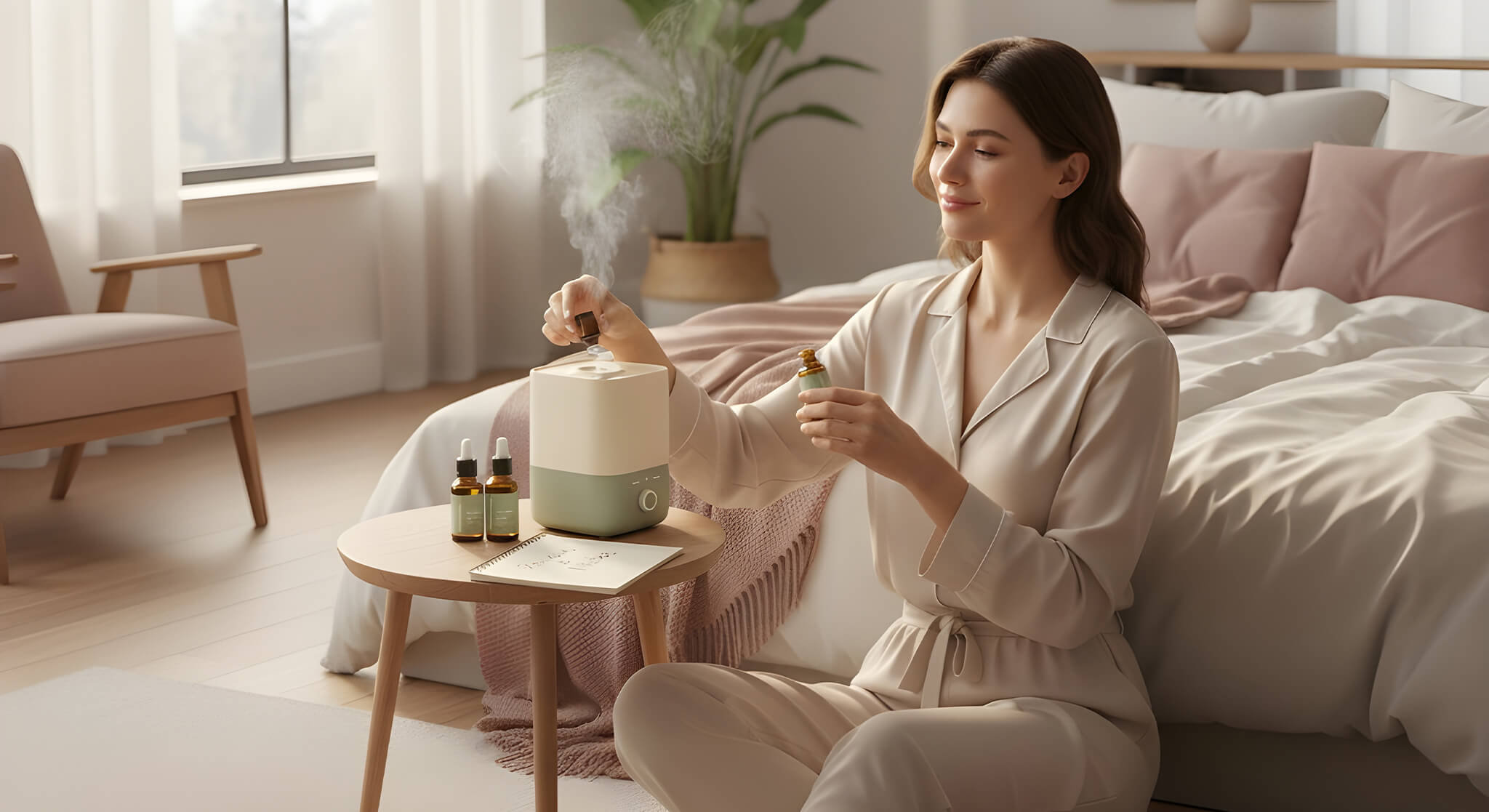 A serene woman adds essential oil to a modern humidifier in a bright, cozy room.