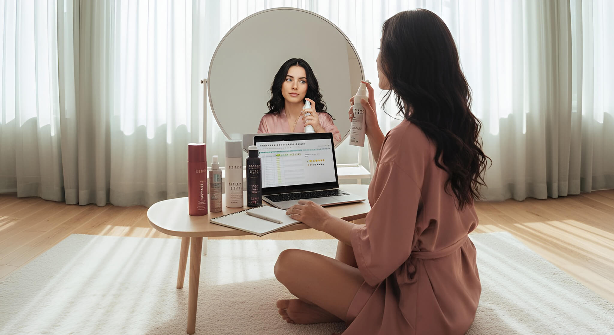 a woman with dark hair in a bright room, applying dry shampoo and checking her hair in a mirror for any white cast, as part of a 'Tested by Sylvaia' review