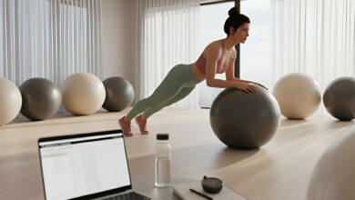a woman in a spacious, bright room, testing one of the best exercise balls for strengthening core muscles, with other balls nearby for comparison as part of a 'Tested by Sylvaia' review