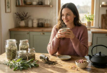 a gorgeous woman enjoying a soothing cup of herbal tea in a sunlit space with Sage Green and Dusty Rose accents, highlighting a serene atmosphere and glowing skin texture