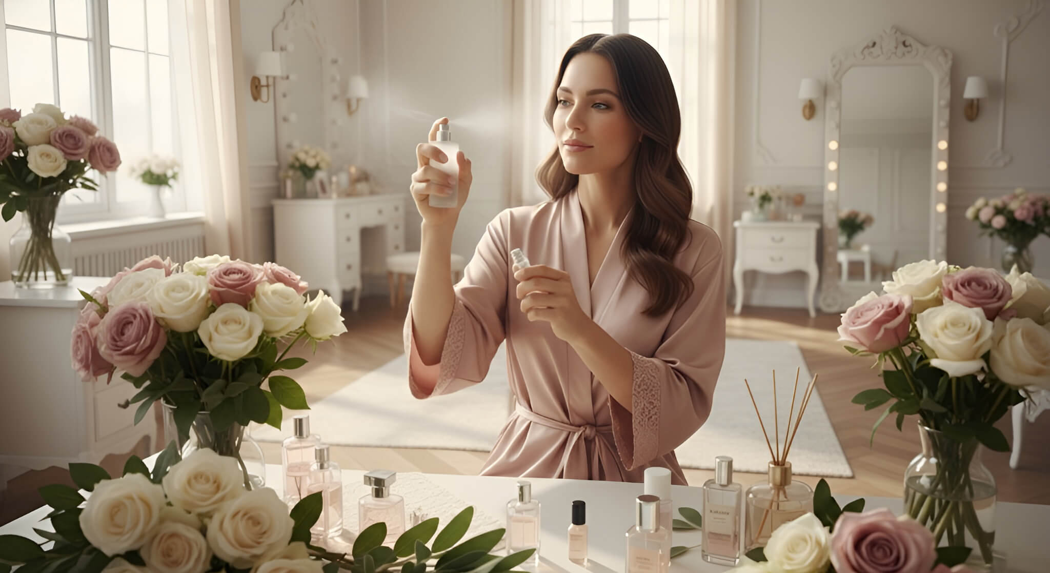 a woman in a elegant room, expertly layering floral scents with perfume bottles and fresh roses on her vanity, demonstrating the best method to prevent overpowering fragrance.
