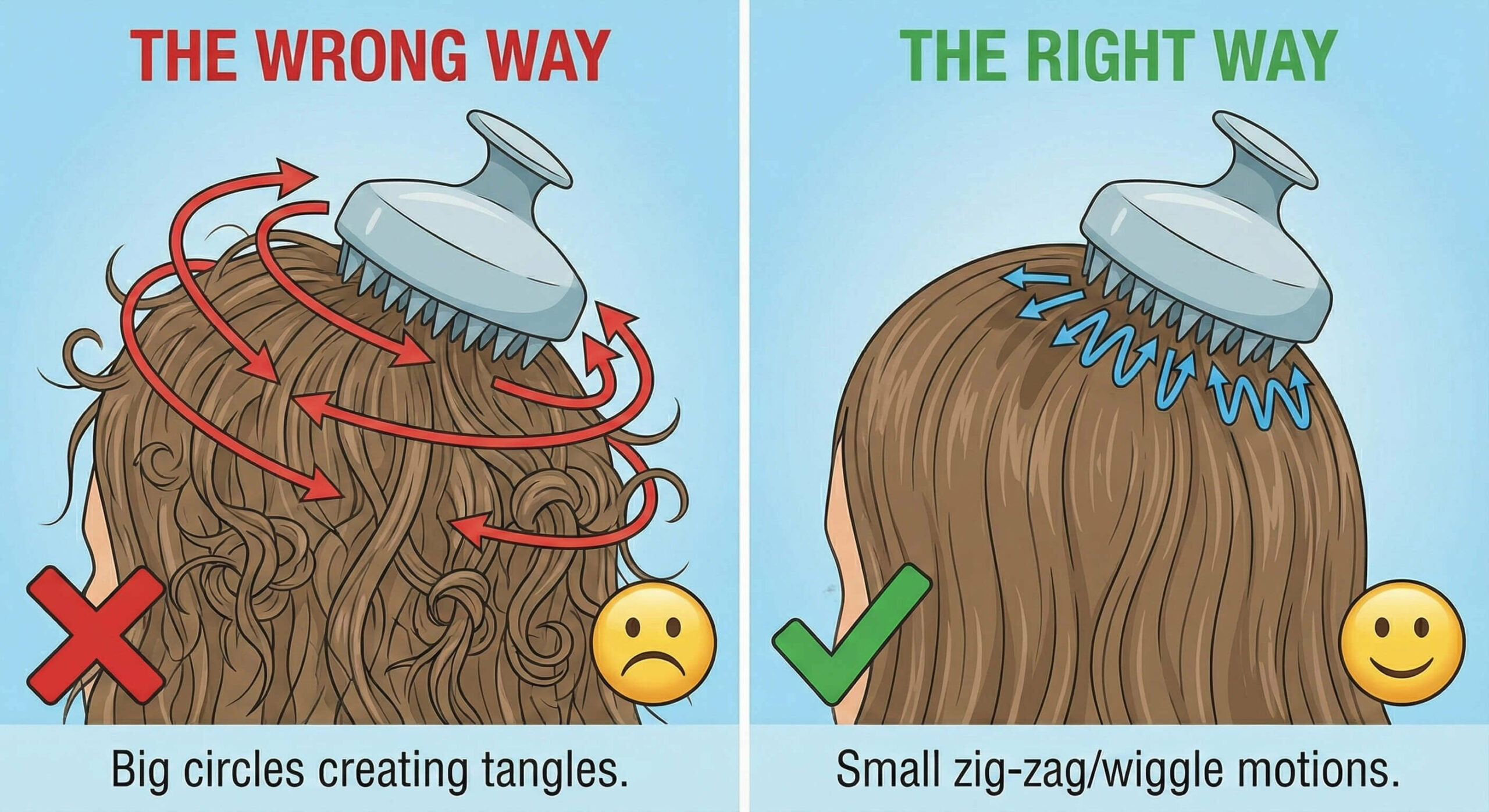 An instructional graphic comparing "The Wrong Way" (Big circles creating tangles) vs. "The Right Way" (Small zig-zag/wiggle motions)