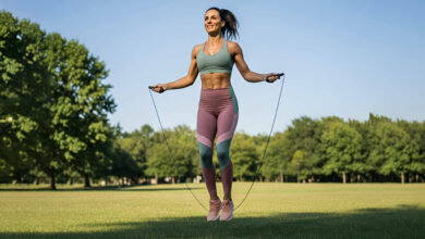 Fit woman in athletic wear mid-jump while jumping rope in a bright, minimalist home gym with large windows, demonstrating a dynamic full-body workout.