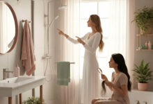two women in a bright, modern bathroom; one inspects a showerhead for a filter, while the other sadly examines her hair for loss, exploring if shower water filters prevent hair loss from mineral buildup.