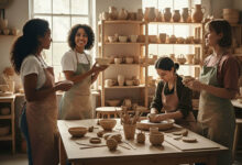 a serene woman in a bright pottery art class, confidently holding a clay piece she made, exploring if taking an art class can improve body confidence.
