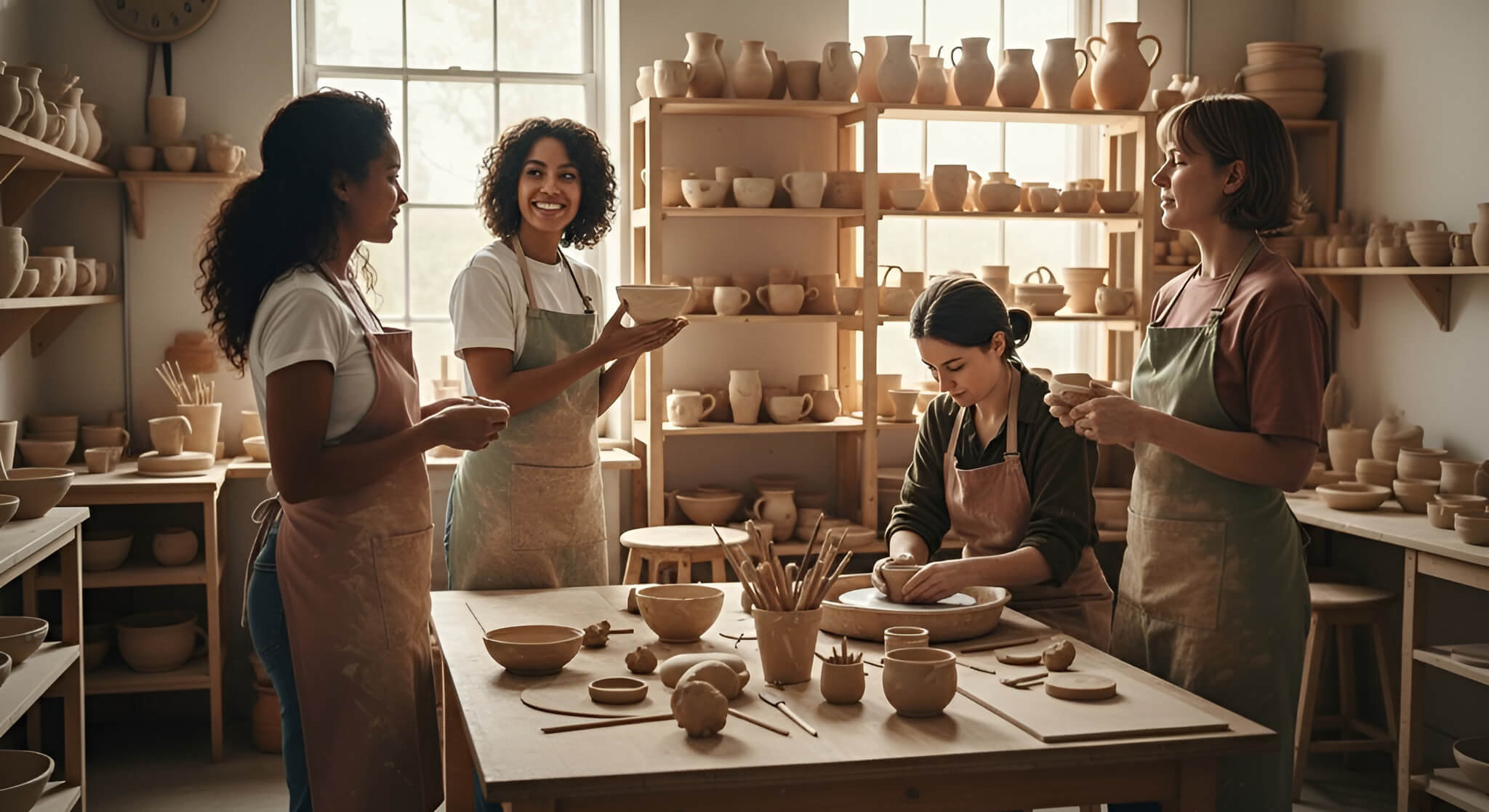 a serene woman in a bright pottery art class, confidently holding a clay piece she made, exploring if taking an art class can improve body confidence.
