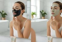 A split-image compares a woman using charcoal and clay face masks in a bright bathroom.